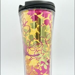 Starbucks 2007 Pink Yellow Gold Floral Print Acrylic Travel Tumbler 16oz Mug EUC